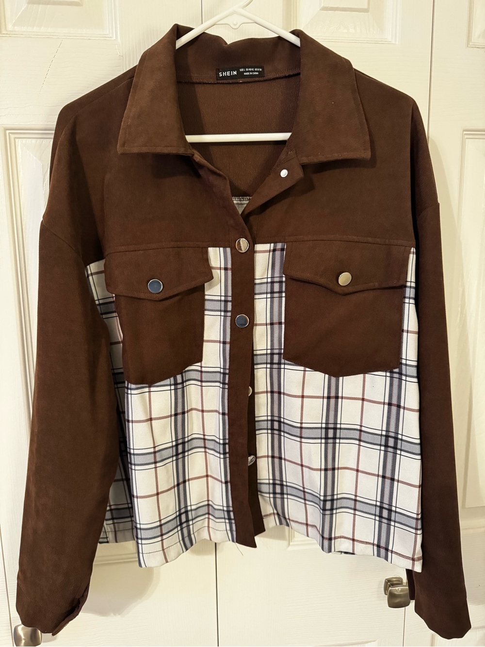 SHEIN Brown & White Plaid Contrast Shirt Jacket